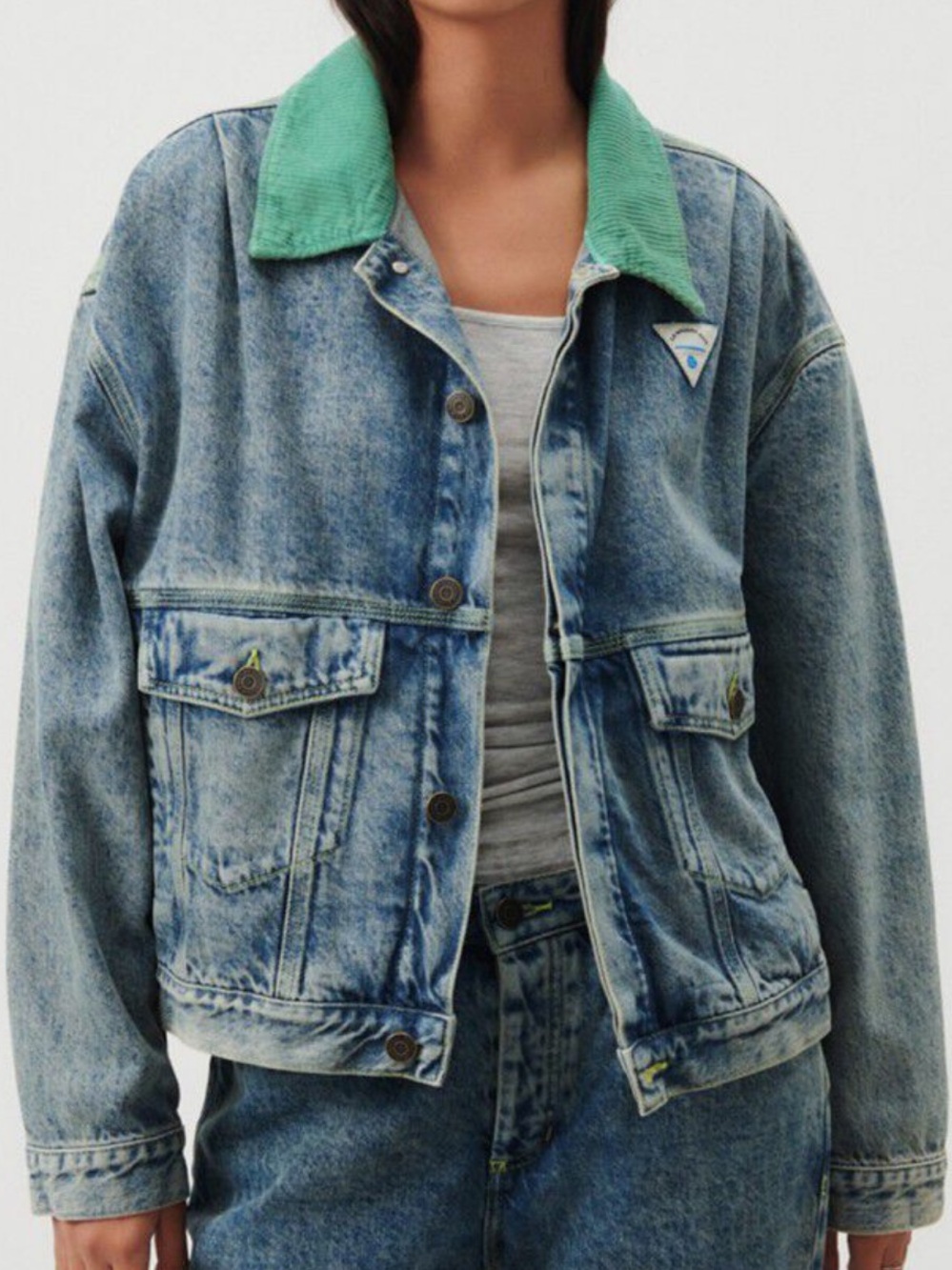 AMV Denim Jacket with Green Collar Joybird Dirty